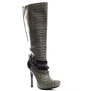VTG Rocawear Y2K Sz 9 Mid Calf Faux Snake Zip Up High Heel Boots Gray Black GUC